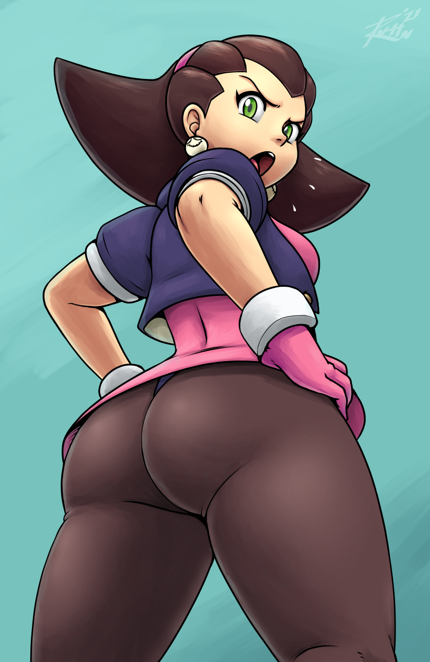 1girl absurdres ass ass_focus bangs blue_background breasts brown_hair collaboration commentary cropped_jacket dress earrings english_commentary from_behind gloves green_eyes hairband hands_on_hips highres jacket jewelry long_hair looking_at_viewer looking_back medium_breasts mega_man_(series) mega_man_legends open_mouth panties pink_dress puffy_short_sleeves puffy_sleeves revtilian short_dress short_sleeves simple_background skin_tight solo soubriquetrouge teeth the_misadventures_of_tron_bonne tron_bonne_(mega_man) underwear upper_teeth_only