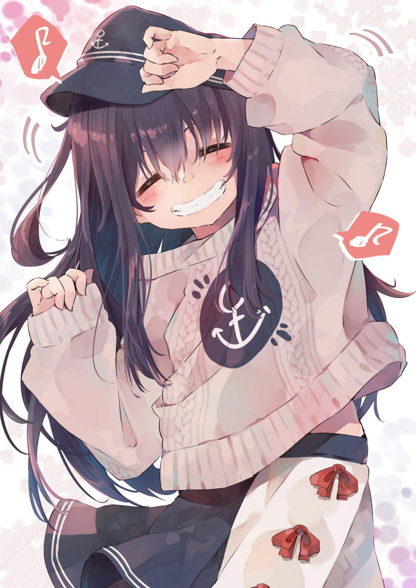 1girl absurdres akatsuki_(kancolle) anchor_symbol black_headwear black_skirt blush closed_eyes commentary_request cowboy_shot eighth_note facing_viewer flat_cap grin hat highres kantai_collection long_hair long_sleeves motion_lines musical_note pleated_skirt purple_hair skirt smile solo spoken_musical_note sweater taisho_(gumiyuki) white_sweater