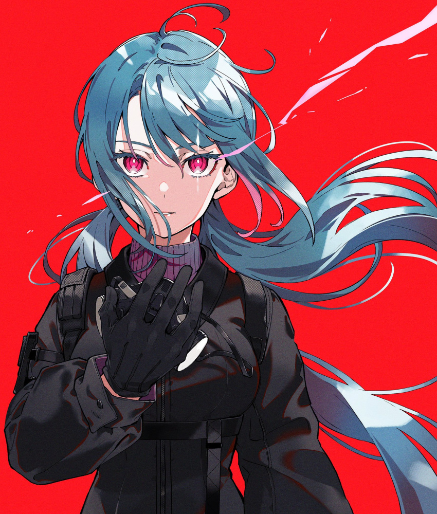 1girl album_cover arisaka_ako black_gloves black_jacket blue_hair cover floating_hair gloves harness highres jacket looking_at_viewer mask mask_removed original parted_lips red_background red_eyes respirator simple_background solo straight-on sweater turtleneck turtleneck_sweater twintails upper_body