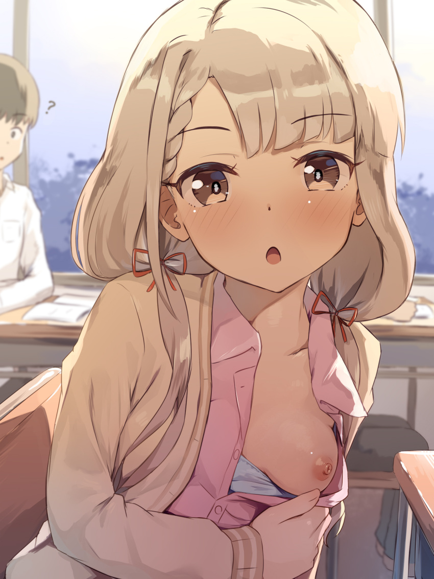 1boy 1girl ? bangs blonde_hair blue_bra bra bra_pull breasts brown_eyes cardigan classroom clothes_pull commentary_request hair_ribbon highres hisakawa_nagi idolmaster idolmaster_cinderella_girls indoors long_hair long_sleeves low_twintails medium_breasts nipples one_breast_out open_mouth parted_bangs pink_shirt pulled_by_self red_ribbon ribbon seneto shirt shirt_pull table twintails underwear yellow_cardigan