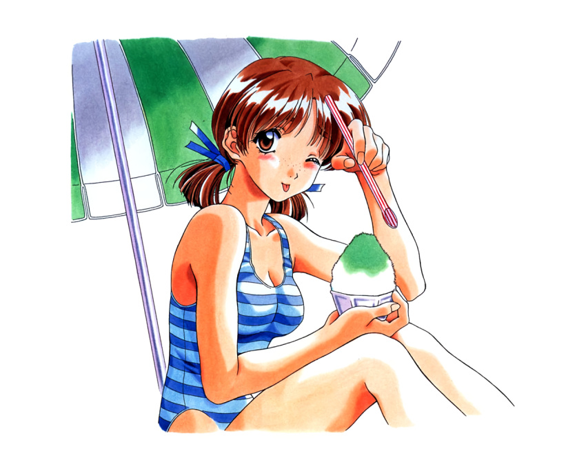 1990s_(style) 1girl ;p bangs beach_umbrella blue_one-piece_swimsuit blue_ribbon blush border breasts brown_eyes brown_hair casual_one-piece_swimsuit cleavage collarbone dessert food freckles from_side hair_ribbon hand_up holding holding_food holding_spoon kai_tomohisa knees_up looking_at_viewer low_twintails medium_breasts nagakura_emiru non-web_source official_art one-piece_swimsuit one_eye_closed parted_bangs photoshop_(medium) raised_eyebrows retro_artstyle ribbon sentimental_graffiti shaved_ice shiny shiny_hair short_hair short_twintails simple_background sitting solo spoon spoon_straw striped striped_one-piece_swimsuit swimsuit thighs tongue tongue_out traditional_media twintails umbrella white_background white_border white_one-piece_swimsuit