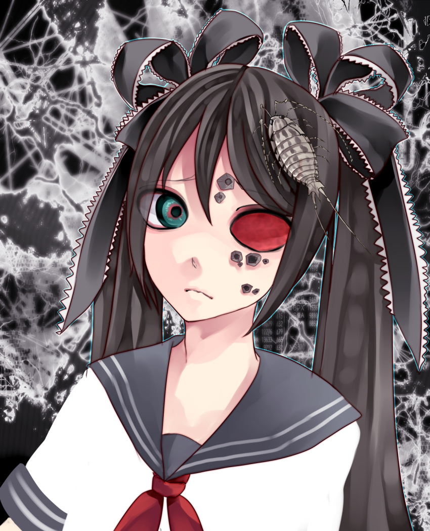 1girl aqua_eyes bangs belt black_hair bow ca_(maeda_koutarou) calne_ca closed_mouth colored_sclera commentary_request crustacean hair_bow hair_ribbon heterochromia highres isopod jewelry long_hair mismatched_sclera navel necklace original red_sclera ribbon saikin_osen_-_bacterial_contamination_-_(vocaloid) school_uniform serafuku skull skull_necklace solo twintails very_long_hair vocaloid wakatsuki_you