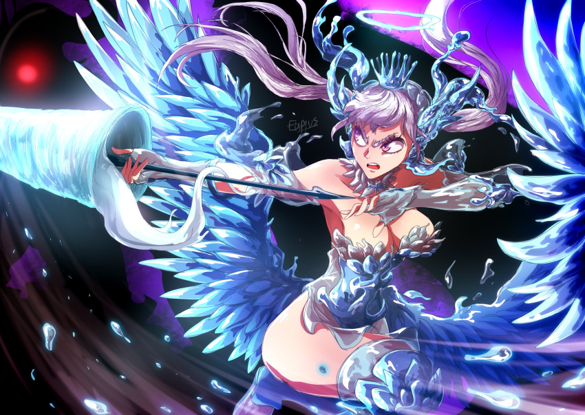 1girl armor armored_dress black_clover blue_halo blue_wings breasts cleavage cross crown ediptus feathered_wings floating_hair grey_hair highres holding holding_polearm holding_weapon large_breasts noelle_silva pink_eyes polearm signature solo thighs twintails water water_drop water_wings weapon wings