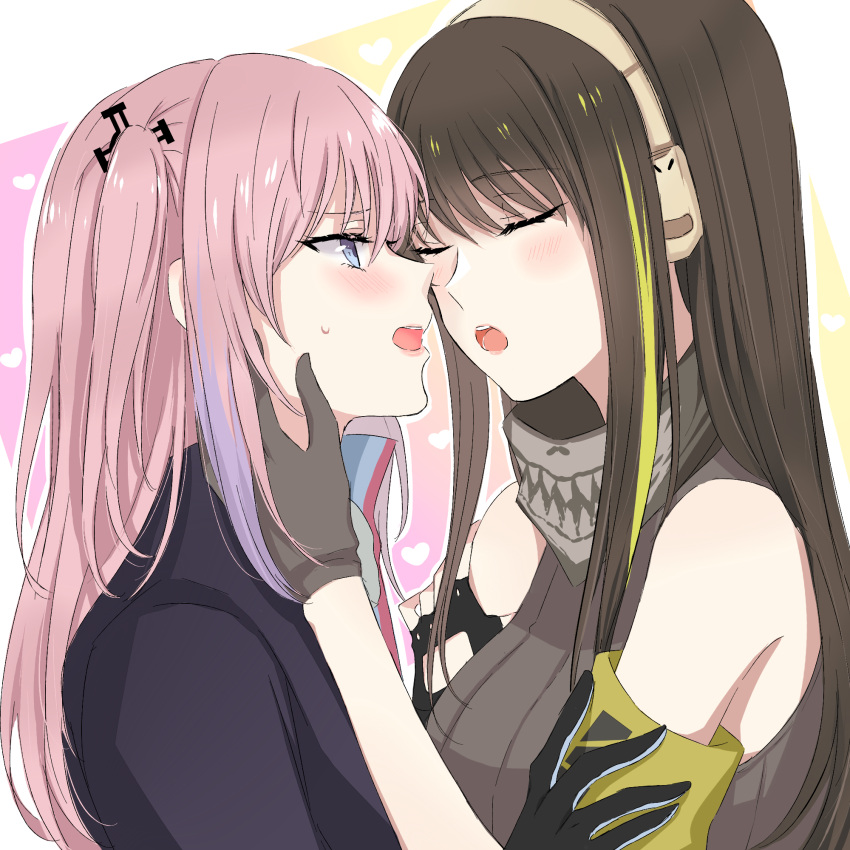 2girls armband asymmetrical_gloves bangs bare_shoulders black_gloves blue_eyes blush breasts brown_hair closed_eyes collar commentary_request fingerless_gloves from_side girls'_frontline gloves green_hair grey_gloves hair_between_eyes hair_ornament hand_on_another's_cheek hand_on_another's_face headphones heart highres holding holding_another's_arm imminent_kiss jacket lips long_hair looking_at_another m4a1_(girls'_frontline) multicolored_hair multiple_girls one_side_up open_mouth pink_hair purple_hair shirt sidelocks simple_background sleeveless sleeveless_shirt st_ar-15_(girls'_frontline) streaked_hair sui_(camellia) sweat uneven_gloves upper_body yuri