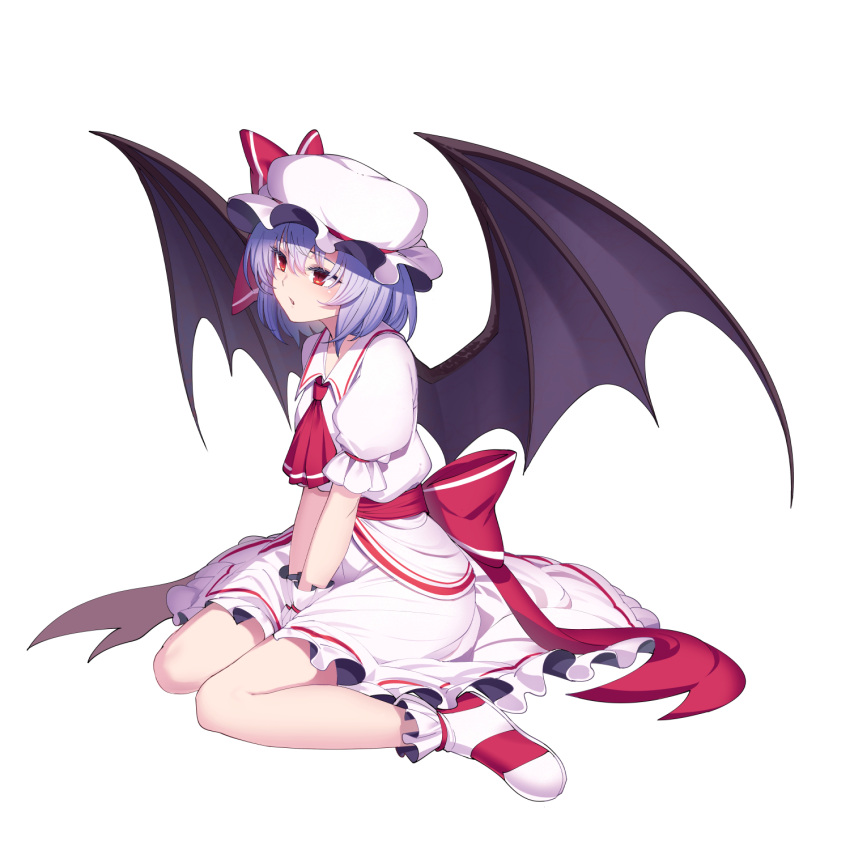 1girl ascot bat_wings bow cibo_(killy) dress hat hat_bow highres mob_cap purple_hair red_ascot red_bow red_eyes remilia_scarlet shoes short_sleeves simple_background solo touhou v_arms waist_bow white_background white_dress white_headwear wings wrist_cuffs