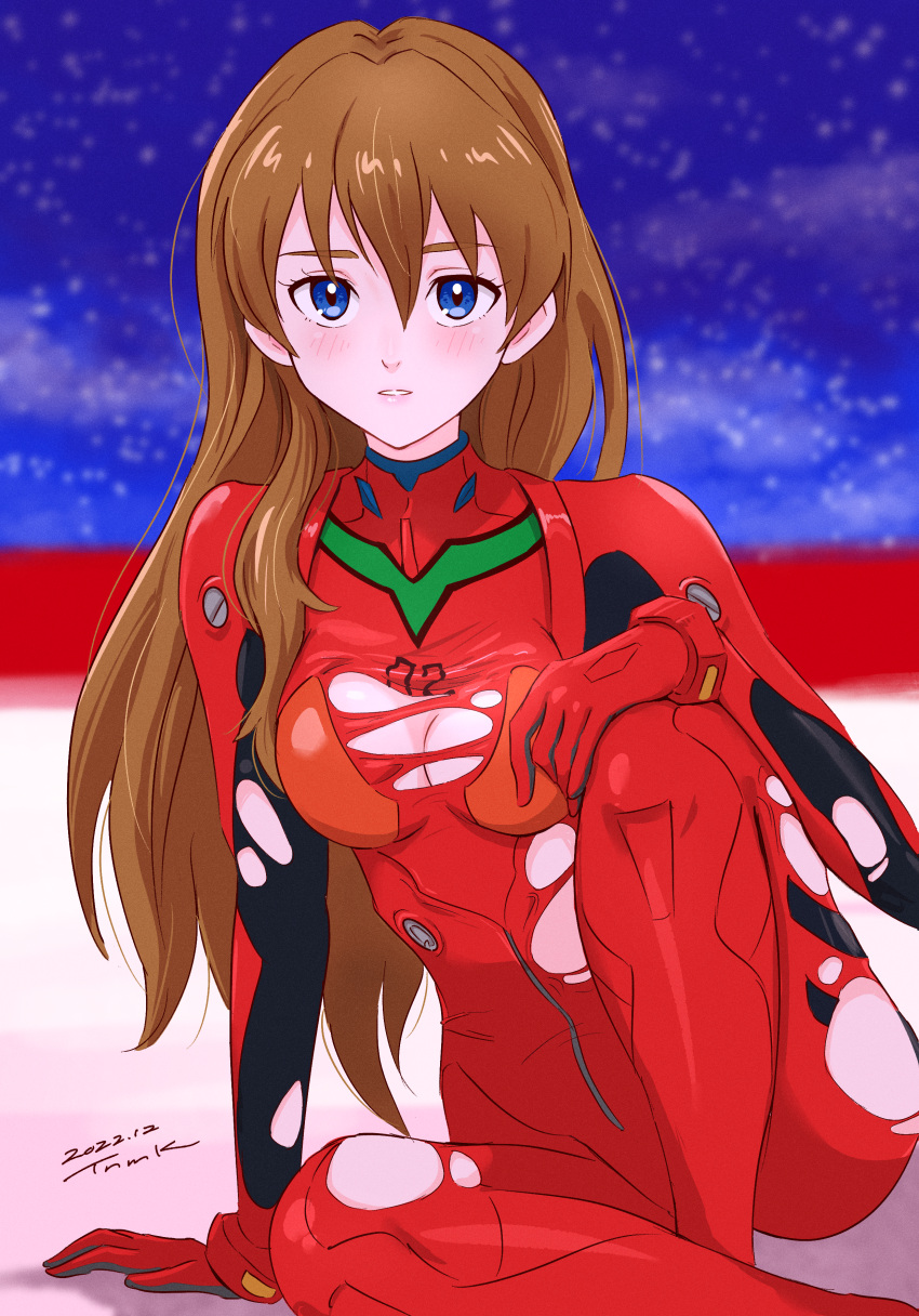 1girl absurdres aged_up bangs beach blue_eyes blush bodysuit breasts brown_hair cleavage evangelion:_3.0+1.0_thrice_upon_a_time hair_between_eyes highres lcl long_hair looking_at_viewer medium_breasts neon_genesis_evangelion night night_sky no_headgear ocean pilot_suit plugsuit rebuild_of_evangelion red_bodysuit red_ocean science_fiction sitting sky solo souryuu_asuka_langley thighs torn_bodysuit torn_clothes tsunemoku wardrobe_malfunction