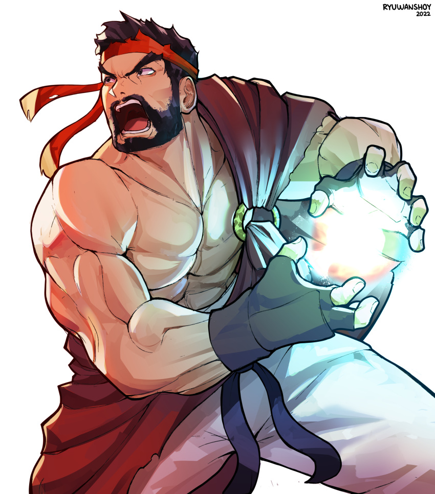 1boy absurdres angry artist_name bare_shoulders beard biceps black_gloves black_hair black_ribbon brown_eyes collarbone commentary dated energy energy_ball english_commentary facial_hair fingerless_gloves gloves hadouken hands_up headband highres looking_away male_focus muscular muscular_male open_mouth pants pectorals red_headband ribbon ryu_(ryuwanshoy) ryu_(street_fighter) sash short_hair simple_background single_bare_shoulder solo standing street_fighter street_fighter_6 teeth thick_eyebrows tongue v-shaped_eyebrows white_background white_pants