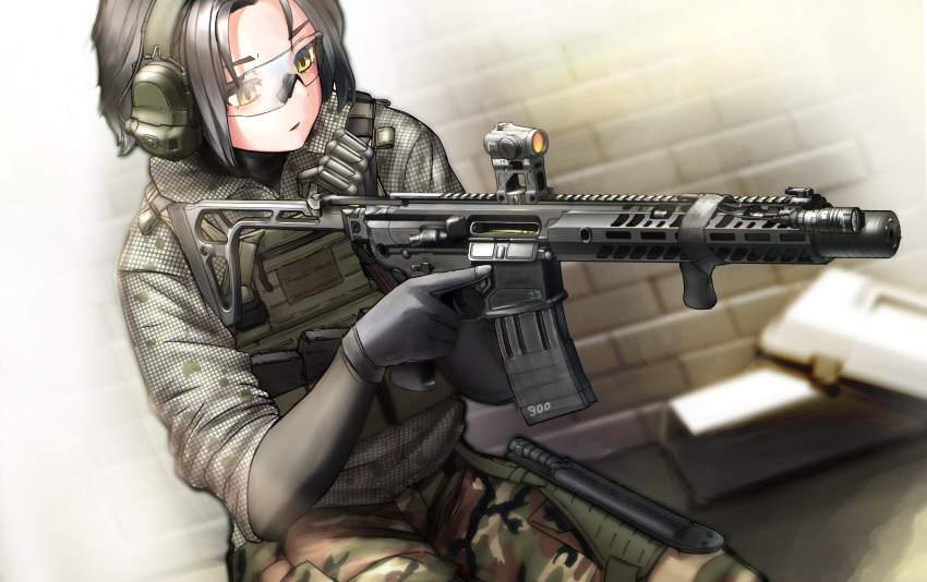 1girl ammunition_pouch assault_rifle black_gloves blurry camouflage camouflage_pants check_gender dagger depth_of_field folding_stock foregrip gloves grey_hair gun headset highres holding holding_gun holding_weapon holster holstered_weapon jacket knife looking_to_the_side magazine_(weapon) optical_sight original pants parted_lips plate_carrier pouch rifle shooting_glasses short_hair sig_sauer sig_sauer_mcx sleeves_rolled_up sling solo tactical_clothes thigh_holster trigger_discipline utsucan weapon yellow_eyes