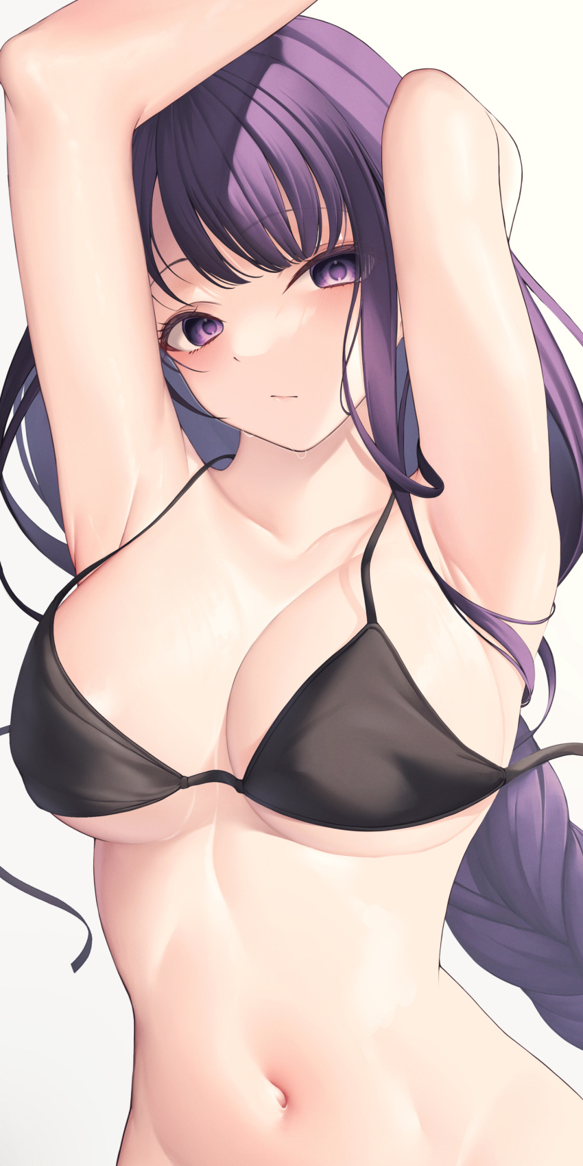 1girl :/ absurdres alternate_costume arm_behind_head armpits arms_up bangs bare_arms bare_shoulders bikini black_bikini blush braid braided_ponytail breasts cleavage closed_mouth collarbone commentary_request genshin_impact halterneck highres large_breasts long_hair looking_at_viewer navel no_mole paid_reward_available purple_eyes purple_hair raiden_shogun revision shirafuji_ene sideboob sidelocks simple_background single_braid solo stomach string_bikini swimsuit underboob untied untied_bikini upper_body wet white_background