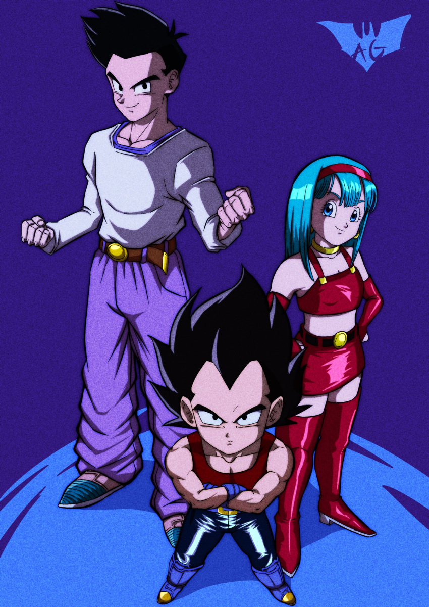 1girl 2boys aged_down alternate_universe arm_warmers batm_andrew black_eyes black_hair blue_eyes blue_footwear blue_gloves blue_hair boots bra_(dragon_ball) commentary dragon_ball dragon_ball_gt earrings english_commentary father_and_daughter gloves hairband highres jewelry midriff miniskirt multiple_boys muscular muscular_male red_hairband red_tank_top skirt smile son_goten tank_top thigh_boots vegeta widow's_peak zettai_ryouiki