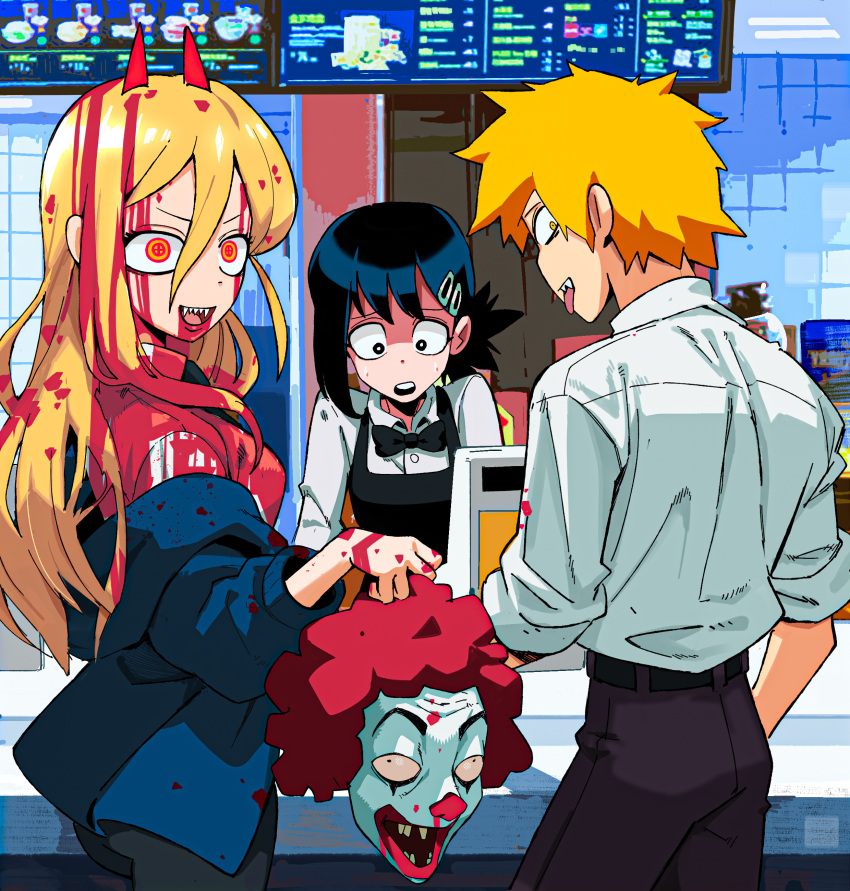 2boys 2girls absurdres aisendraw apron black_apron black_bow black_bowtie black_hair black_pants blonde_hair blood blood_on_clothes blood_on_face blue_hoodie bow bowtie cash_register chainsaw_man clip clown collared_shirt counter cross-shaped_pupils denji_(chainsaw_man) employee_uniform fast_food fast_food_uniform higashiyama_kobeni highres holding_head hood hoodie horns jacket jacket_partially_removed long_hair looking_at_another looking_at_viewer looking_back mcdonald's medium_hair menu multiple_boys multiple_girls off_shoulder open_mouth pants power_(chainsaw_man) red_eyes red_hair red_horns restaurant ronald_mcdonald severed_head sharp_teeth shirt shirt_tucked_in short_hair short_ponytail single_sidelock sleeves_rolled_up sweat symbol-shaped_pupils teeth uniform white_shirt