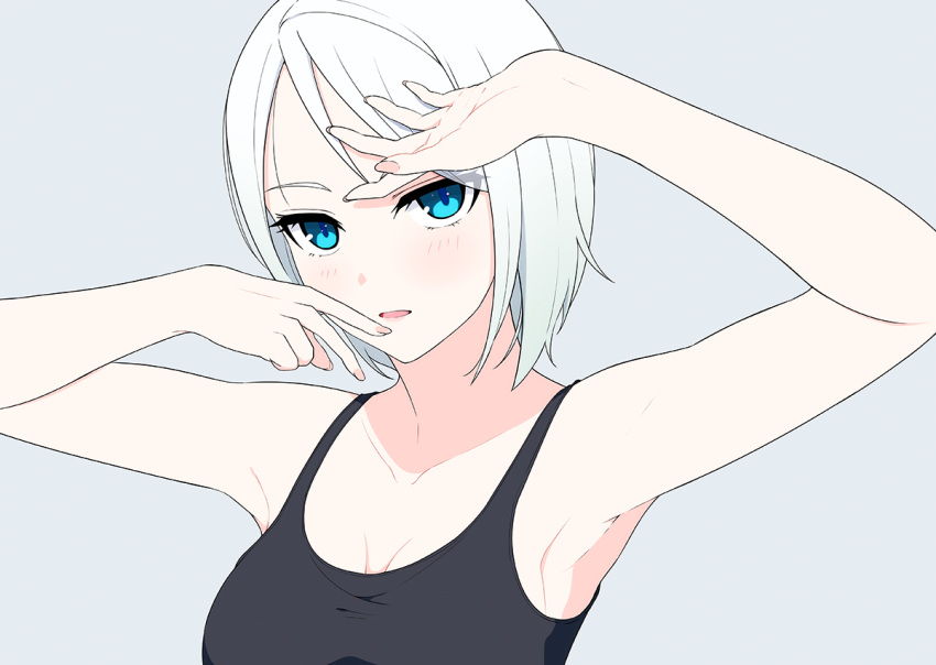 1girl armpits black_shirt blue_eyes breasts grey_hair hands_up hi_iro looking_at_viewer medium_breasts original parted_lips shirt short_hair solo