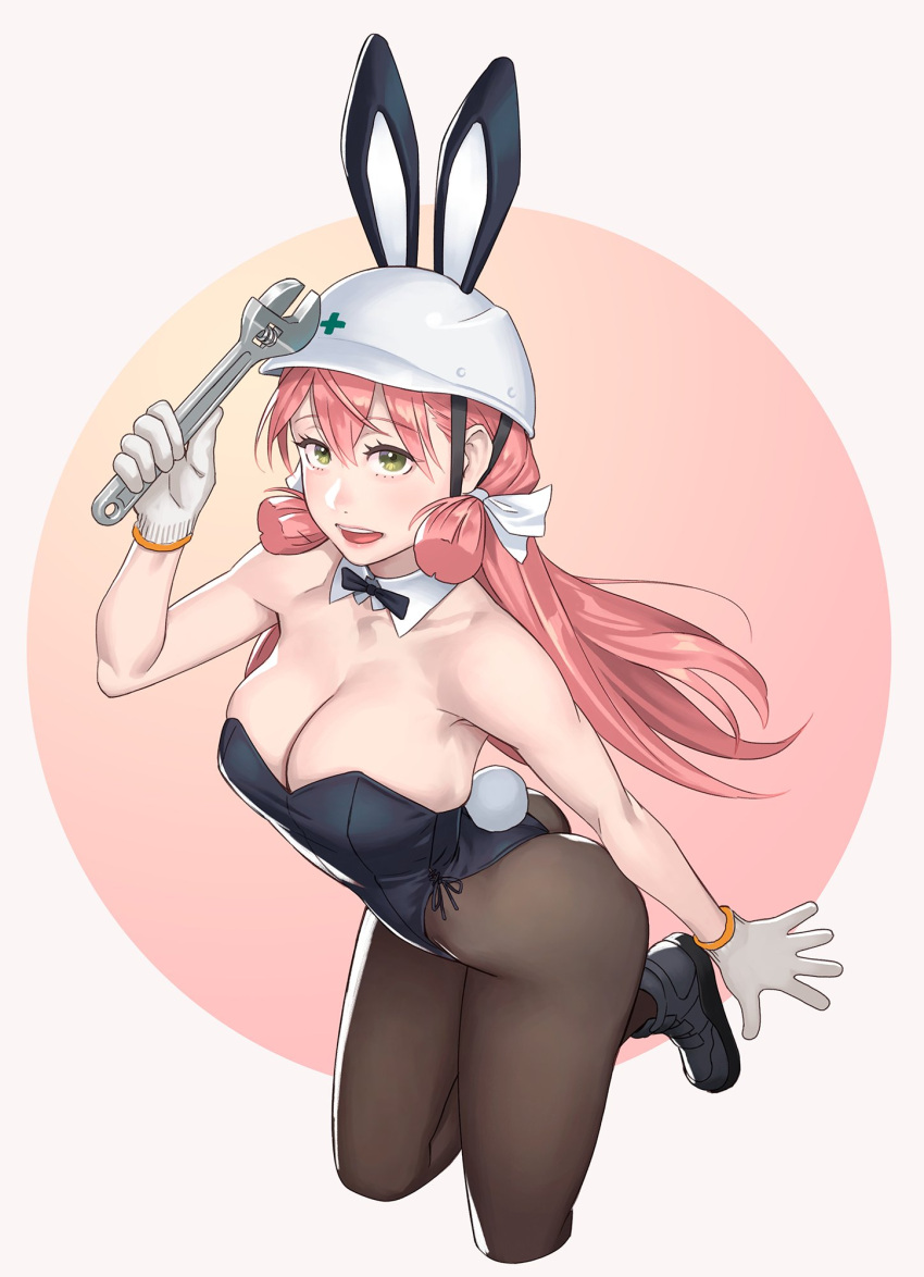 1girl akashi_(kancolle) animal_ears black_footwear black_leotard black_pantyhose breasts cleavage detached_collar fake_animal_ears fake_tail full_body futaba_channel genba_neko gloves green_eyes hair_between_eyes hardhat helmet highres holding holding_wrench kantai_collection large_breasts leotard long_hair open_mouth pantyhose pink_hair rabbit_ears rabbit_tail shoes smile solo strapless strapless_leotard tail white_gloves wrench yuuji_(and)