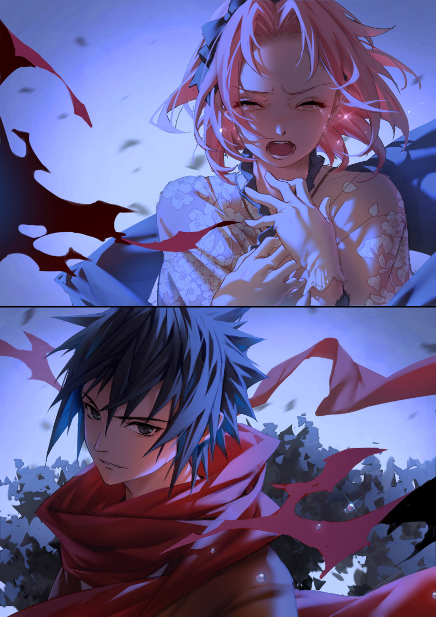 1boy 1girl black_bow black_eyes black_hair bow closed_eyes crying dress facing_viewer gloves hair_bow haruno_sakura highres lilithbloody multiple_pov naruto naruto_(series) open_mouth pink_hair pov red_scarf scarf smile spiked_hair torn_scarf uchiha_sasuke white_dress white_gloves