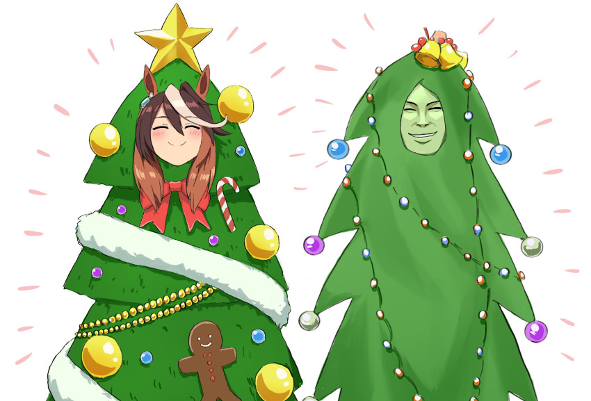 1boy 1girl animal_ears brown_hair christmas christmas_ornaments christmas_tree christmas_tree_costume closed_eyes facing_viewer gingerbread_man highres horse_ears horse_girl long_hair mafty multicolored_hair streaked_hair suiyou_dou_de_shou suzui_takayuki symboli_rudolf_(christmas_emperor_tree)_(umamusume) symboli_rudolf_(umamusume) umamusume