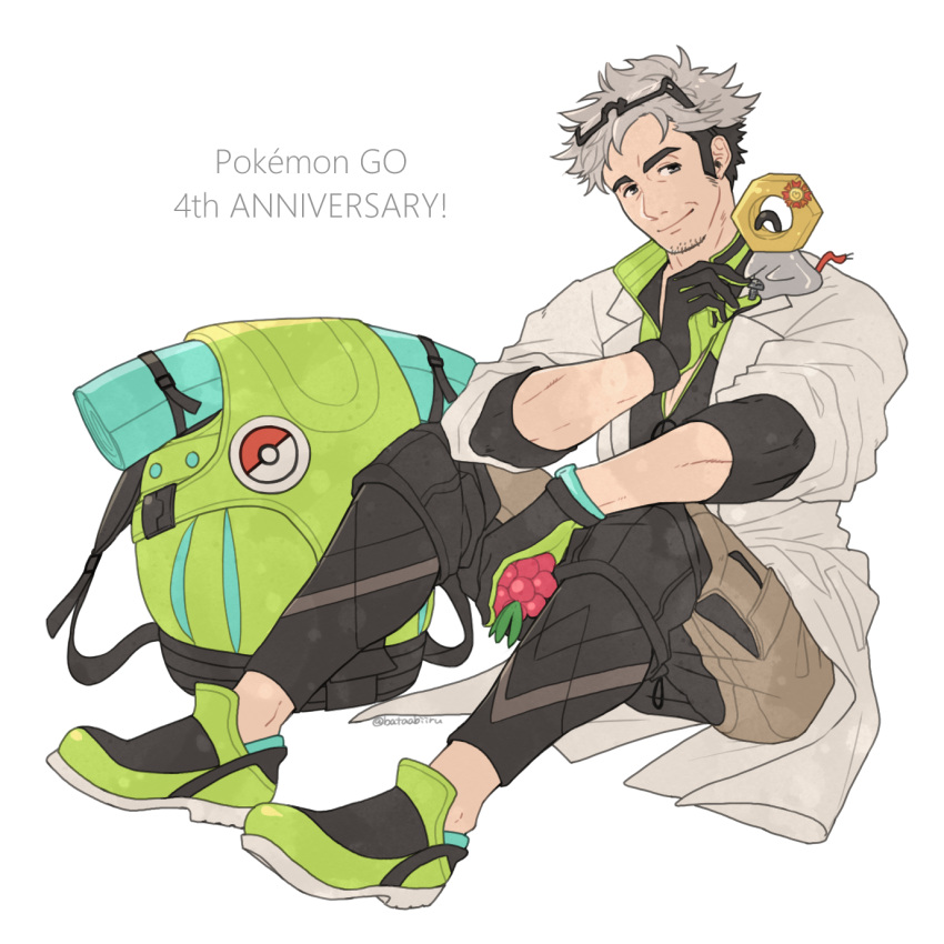 1boy anniversary backpack bag bag_removed batabiru closed_mouth coat commentary_request copyright_name facial_hair gloves goatee green_bag green_footwear grey_hair highres male_focus mature_male meltan multicolored_hair open_clothes open_coat pants pokemon pokemon_(creature) pokemon_(game) pokemon_go shoes sitting smile stubble thick_eyebrows two-tone_hair undercut willow_(pokemon)