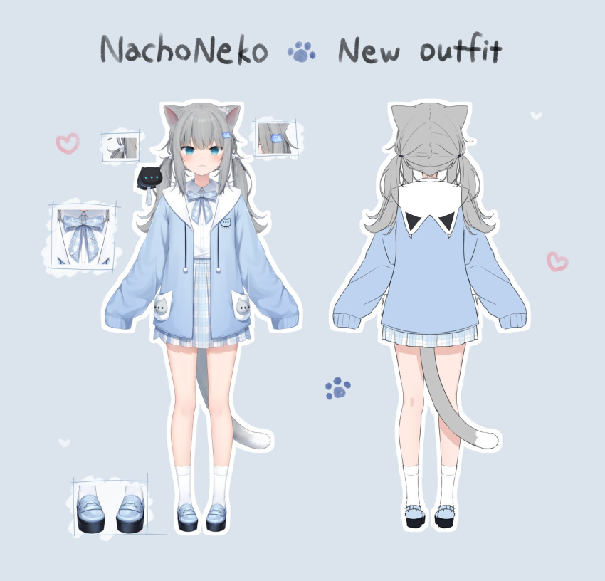 1girl :3 amashiro_natsuki animal_ears animal_hood bangs blue_bow blue_eyes blue_footwear blue_jacket blue_skirt blush bow cat_ears cat_girl cat_hood cat_tail character_name closed_mouth collared_shirt commentary_request drawstring dress_shirt fake_animal_ears frilled_skirt frills grey_background grey_hair hair_ornament heart highres hood hood_down hooded_jacket indie_virtual_youtuber jacket loafers long_sleeves low_twintails multiple_views nachoneko open_clothes open_jacket plaid plaid_bow plaid_skirt pleated_skirt shirt shoes simple_background skirt sleeves_past_fingers sleeves_past_wrists socks straight-on tail turnaround twintails virtual_youtuber white_shirt white_socks