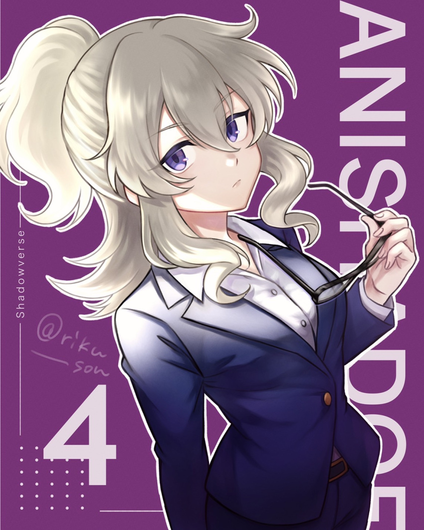 1girl belt blonde_hair blue_eyes business_suit ein_(shadowverse_anime) formal glasses highres pants riku_son serious shadowverse shadowverse_(anime) shadowverse_flame shirt suit white_shirt