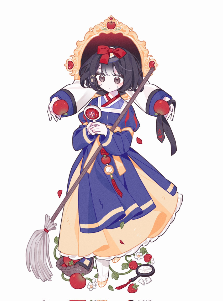 1girl adapted_costume apple basket black_eyes black_hair blue_hanbok bow broken_mirror dress flower food frilled_dress frills fruit full_body hair_bow hanbok highres holding holding_mirror juliet_sleeves korean_clothes lia_s2 long_sleeves magic_mirror_(snow_white) mirror mop puffy_sleeves red_bow shoes snow_white snow_white_(disney) snow_white_and_the_seven_dwarfs socks solo strawberry strawberry_blossoms tabi white_socks yellow_footwear