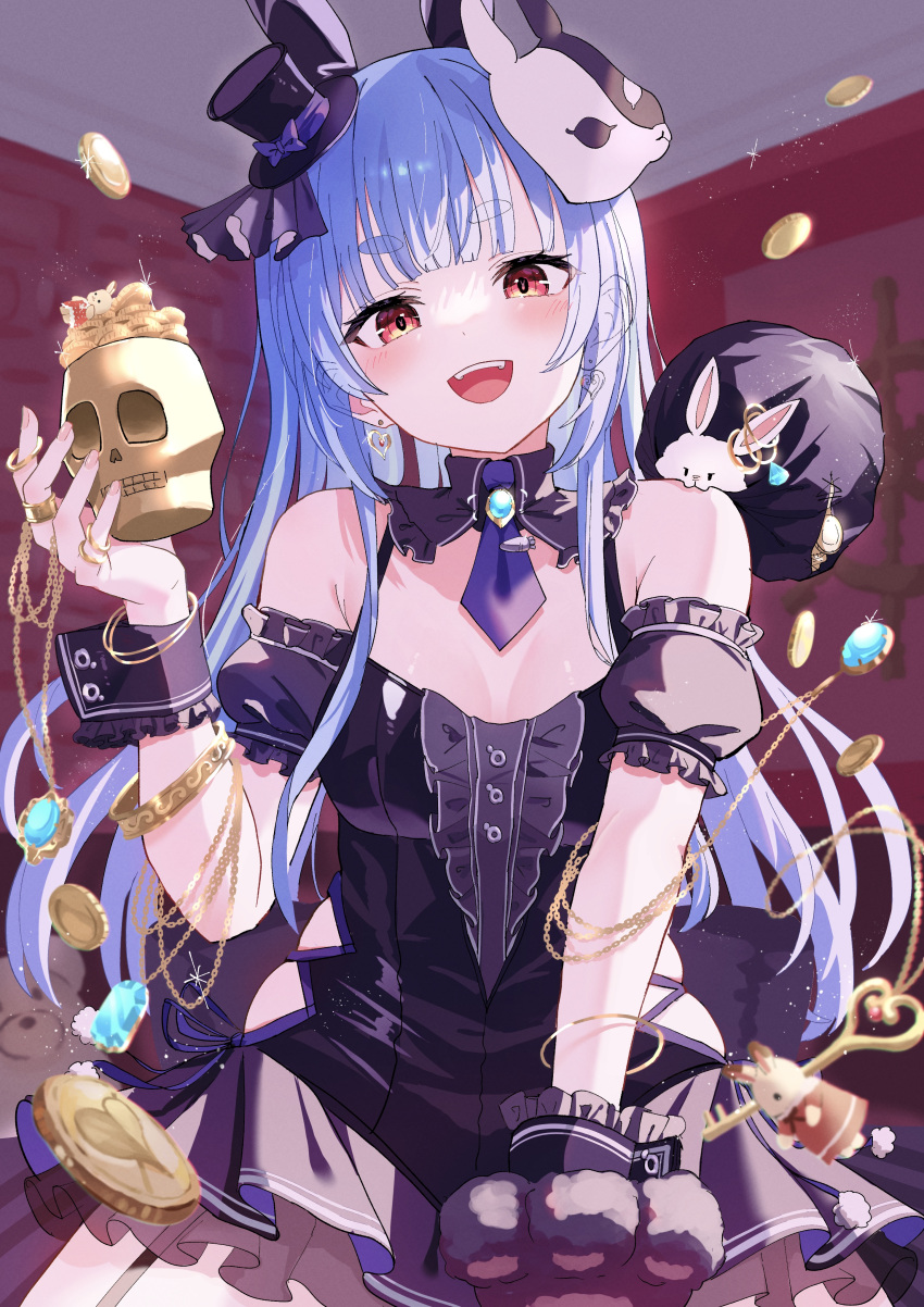 1girl absurdres animal_ears animal_hands bangs bare_shoulders black_collar black_dress black_headwear blue_hair blue_necktie blunt_bangs blush bracelet bunny-shaped_pupils bunny_mask cat_paws chain coin collar detached_collar detached_sleeves don-chan_(usada_pekora) dress earrings extra_ears fake_animal_ears frilled_sleeves frills glint gloves gold_chain hand_up hat heart heart_earrings highres hololive jewelry long_hair looking_at_viewer mask mask_on_head mei_am0 mini_hat mini_top_hat necktie official_alternate_costume open_mouth rabbit_ears red_eyes short_dress short_eyebrows short_sleeves sidelocks single_glove skull sleeveless sleeveless_dress smile solo symbol-shaped_pupils thick_eyebrows top_hat usada_pekora virtual_youtuber wrist_cuffs