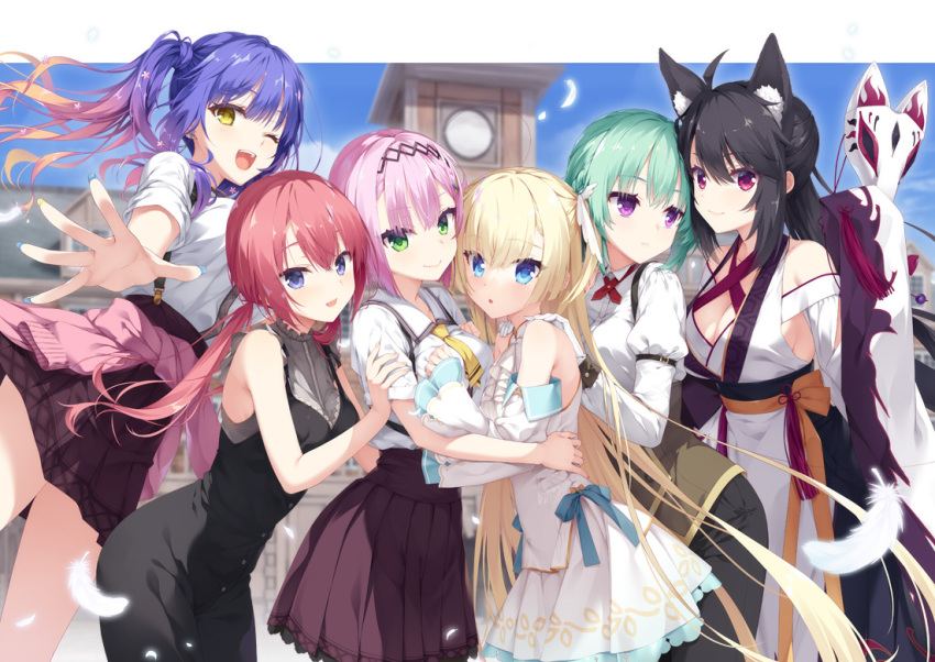 6+girls ahoge animal_ears bangs bare_shoulders black_dress black_hairband blonde_hair blue_eyes blue_hair blue_nails blue_ribbon blue_sky blunt_bangs blush braid breast_grab breasts breasts_squeezed_together brown_skirt cleavage clock clock_tower collar detached_sleeves dress expressionless eyelashes feathers fingernails flower frilled_collar frilled_skirt frills grabbing gradient_hair green_eyes green_hair hair_between_eyes hair_flower hair_ornament hairband hoshikawa_kaguya hug japanese_clothes juliet_sleeves kimono kobuichi kohibari_kurumi large_breasts leaf_print long_fingernails long_hair long_sleeves looking_at_another looking_at_viewer looking_back low_twintails mask medium_breasts medium_hair miniskirt multicolored_hair multiple_girls muririn official_art one_eye_closed open_mouth orange_hair orange_sash ozato_fumika pink_hair pink_sweater pleated_skirt puffy_sleeves purple_eyes raised_eyebrows red_eyes red_hair red_tassel ribbon school_uniform shirayuki_noa shirt short_hair_with_long_locks short_sleeves side_braid side_ponytail sidelocks skirt sky sleeves_past_fingers sleeves_past_wrists small_breasts smile standing suspender_skirt suspenders sweater takadate_orie tanikaze_amane teeth tenshi_souzou tower twintails upper_teeth_only v-shaped_eyebrows very_long_hair wavy_hair white_kimono white_shirt white_sleeves wide_sleeves wing_hair_ornament yellow_eyes yellow_nails yuri