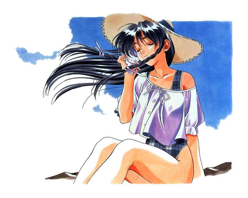 1990s_(style) 1girl bangs black_hair braid braided_sidelock casual_one-piece_swimsuit closed_eyes day floating_hair hair_ribbon hat holding kai_tomohisa long_hair off_shoulder official_art one-piece_swimsuit outdoors retro_artstyle ribbon seashell sentimental_graffiti shell shell_to_ear sitting smile solo straw_hat sugihara_manami sun_hat swimsuit swimsuit_under_clothes wind