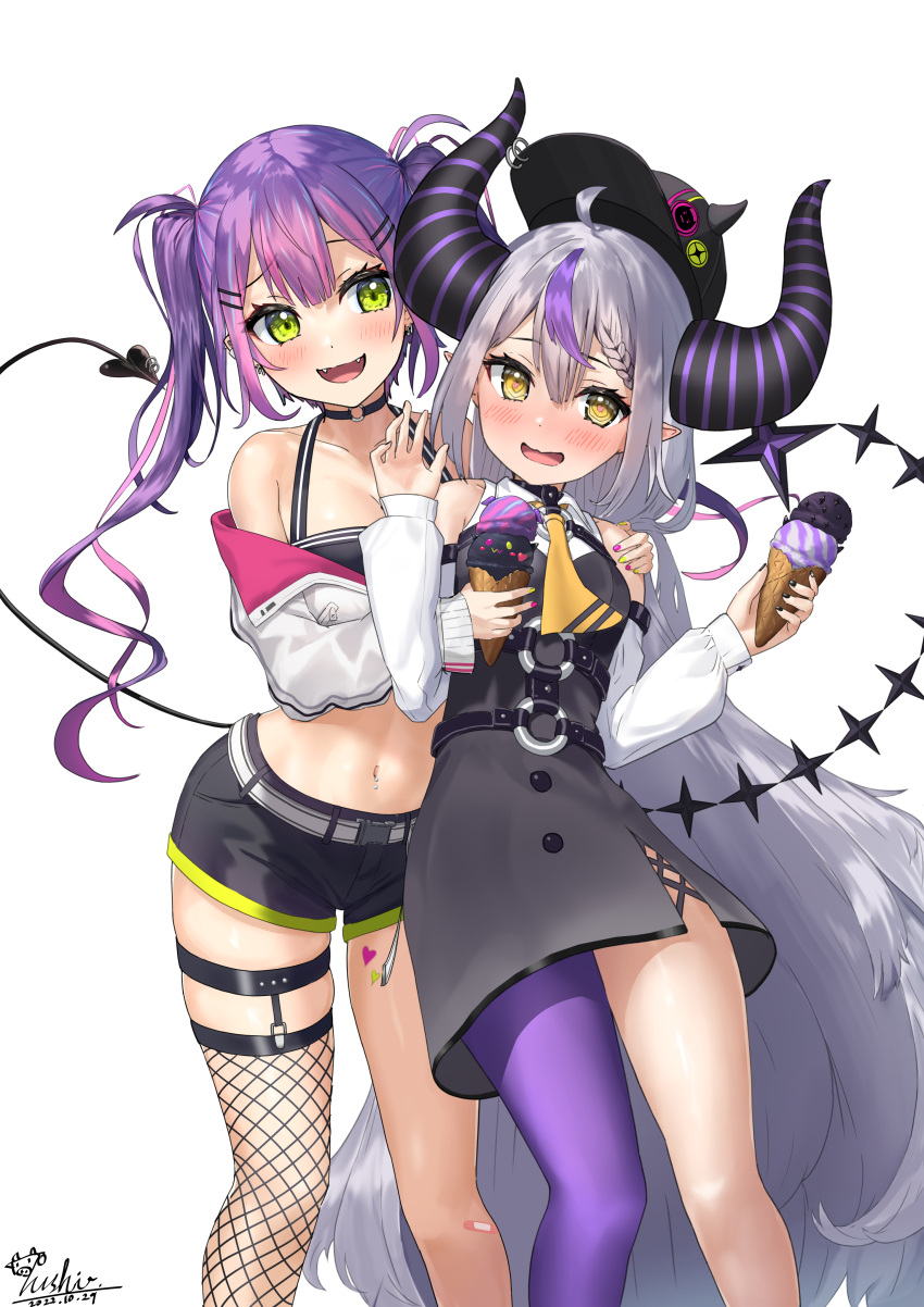 2girls @_@ absurdres ahoge arm_around_shoulder ascot bandaid bandaid_on_knee bandaid_on_leg baseball_cap belt bibi_(tokoyami_towa) black_camisole black_choker black_dress black_headwear black_shorts blush borrowed_garments braid breasts camisole choker cleavage commentary cropped_jacket dated demon_horns demon_tail detached_sleeves dress ear_piercing fake_horns fangs feet_out_of_frame fishnet_thighhighs fishnets food french_braid green_eyes grey_hair hair_between_eyes hair_ornament hairclip halterneck hat heart heart-shaped_pupils heart_tattoo highres holding_ice_cream hololive horned_headwear horns hug hug_from_behind ice_cream ice_cream_cone jacket la+_darknesss leg_tattoo long_hair looking_at_another looking_at_viewer looking_to_the_side medium_breasts multicolored_hair multicolored_nails multiple_girls nail_polish nanaushi navel navel_piercing o-ring o-ring_choker off_shoulder open_mouth pantyhose piercing pink_hair pink_nails pointy_ears purple_hair purple_pantyhose short_shorts shorts signature simple_background single_braid single_leg_pantyhose single_thighhigh skindentation small_breasts smile standing stomach streaked_hair striped_horns symbol-shaped_pupils tail tail_ornament tail_piercing tattoo thigh_strap thighhighs tokoyami_towa twintails two-tone_hair very_long_hair virtual_youtuber white_background white_belt white_jacket wing_collar yellow_ascot yellow_eyes yellow_nails
