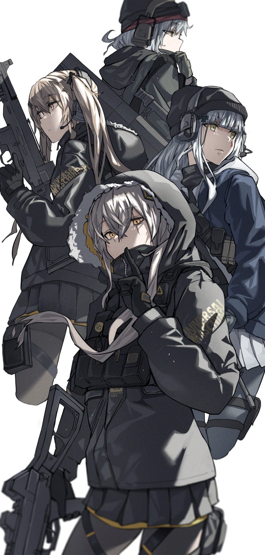 404_(girls'_frontline) 4girls absurdres assault_rifle black_gloves comiket_101 commentary_request fanbook fujita_(condor) g11_(girls'_frontline) girls'_frontline gloves goggles goggles_on_head gun h&amp;k_g11 h&amp;k_hk416 h&amp;k_ump h&amp;k_ump45 h&amp;k_ump9 headphones highres hk416_(girls'_frontline) hood hooded_jacket jacket multiple_girls rifle scar scar_across_eye siblings simple_background sisters submachine_gun trigger_discipline ump45_(girls'_frontline) ump9_(girls'_frontline) weapon white_background winter_clothes woollen_cap