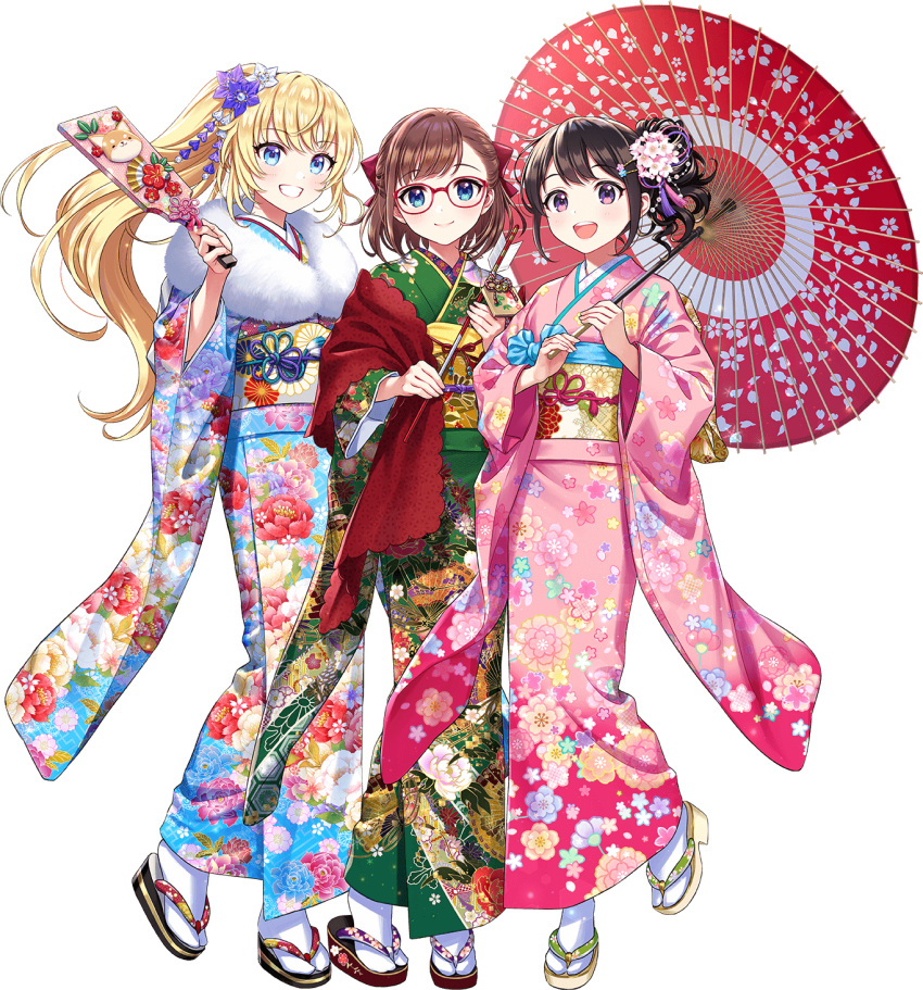 3girls arrow_(projectile) asymmetrical_bangs bangs blonde_hair blue_eyes blue_kimono blush bow brown_hair ema fan_print floral_print flower fur-trimmed_kimono fur_trim glasses green_kimono hagoita hair_bow hair_flower hair_ornament hamaya han'eri highres holding holding_arrow holding_paddle holding_umbrella japanese_clothes kanzashi kimono long_hair looking_at_viewer morikura_en multicolored_clothes multiple_girls obi obiage obijime official_art oil-paper_umbrella open_mouth paddle pink_kimono ponytail purple_eyes red-framed_eyewear red_umbrella saeki_ritsuka sash shawl short_hair sidelocks smile socks sousai_shoujo_teien tabi takanashi_koyomi teeth umbrella upper_teeth_only white_socks wide_sleeves yuki_madoka zouri