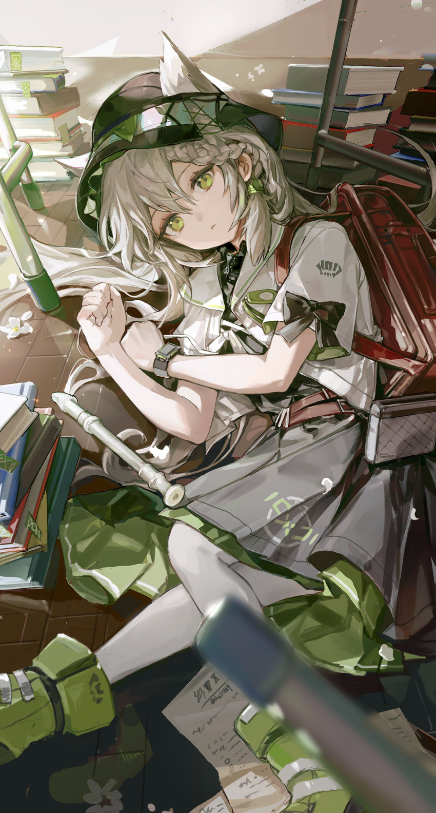 1girl absurdres animal_ear_fluff animal_ears backpack bag bangs belt belt_buckle black_bow black_dress black_skirt blonde_hair blurry blurry_foreground book book_stack bookmark bow braid buckle caustics clenched_hands closed_mouth collar commentary crime_prevention_buzzer desk dress dushevnaya_(girls'_frontline_nc) flower frilled_collar frilled_headwear frills full_body girls'_frontline girls'_frontline_neural_cloud green_footwear green_skirt hair_between_eyes handbag hat highres instrument jacket ksvk_(girls'_frontline) lace lace-trimmed_collar lace_trim leather_bag lens_flare light_rays long_hair looking_at_viewer lying on_side pantyhose paper recorder ring_hair_ornament sailor_collar school_bag school_desk short_sleeves side_braid sidelocks skirt solo sunlight table twice12314 watch white_bow white_flower white_jacket white_pantyhose wooden_floor wristwatch yellow_eyes