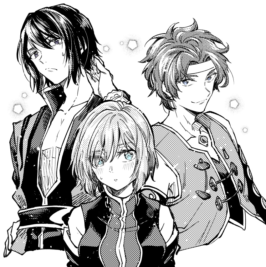 1girl 2boys absurdres alternate_hairstyle bangs bare_shoulders belt blue_eyes blush breasts closed_mouth collarbone commentary_request detached_sleeves greyscale hand_on_hip headband high_collar highres jacket kudou_makoto large_breasts looking_at_viewer monochrome multiple_boys parted_bangs parted_lips pectorals short_hair simple_background smile spot_color sweatdrop tales_of_(series) tales_of_symphonia tales_of_the_abyss tales_of_vesperia tear_grants upper_body vest white_background yuri_lowell zelos_wilder