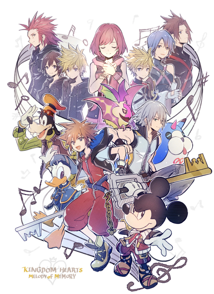 3girls 6+boys aqua_(kingdom_hearts) axel_(kingdom_hearts) bangs bird black_hair black_robe blonde_hair blue_eyes blue_hair blue_headwear breasts brown_hair chirithy closed_eyes creature cropped_jacket dog donald_duck dress duck facial_mark goofy green_sweater grey_hair hair_between_eyes hair_slicked_back hands_on_own_chest hat highres holding holding_weapon hood hood_down hooded_dress hooded_jacket hooded_robe jacket jumpsuit kairi_(kingdom_hearts) keyblade kingdom_hearts kingdom_hearts_358/2_days kingdom_hearts_birth_by_sleep kingdom_hearts_iii kingdom_hearts_melody_of_memory looking_at_viewer medium_breasts medium_hair mickey_mouse mouse multiple_boys multiple_girls musical_note open_mouth parted_bangs pink_dress red_hair red_jumpsuit riku_(kingdom_hearts) robe roxas salute shirt short_hair short_jumpsuit sideburns sleeveless sleeveless_dress sleeveless_shirt smile sora_(kingdom_hearts) spiked_hair sweater terra_(kingdom_hearts) ventus_(kingdom_hearts) weapon white_background wristband xion_(kingdom_hearts) yellow_headwear yurichi_(artist)