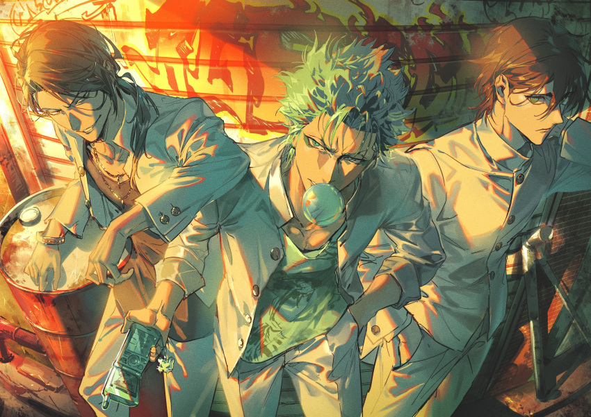 3boys absurdres bangs bikkusama black_hair bleach blue_eyes blue_hair blue_shirt bracelet brown_shirt cellphone chewing_gum closed_mouth cowboy_shot gakuran grimmjow_jaegerjaquez grin hair_between_eyes hand_in_pocket highres holding holding_phone jacket jewelry long_hair long_sleeves looking_at_viewer male_focus multiple_boys necklace nnoitra_gilga outdoors pants phone ponytail school_uniform shirt short_hair smile spiked_hair standing twilight ulquiorra_cifer white_jacket white_pants