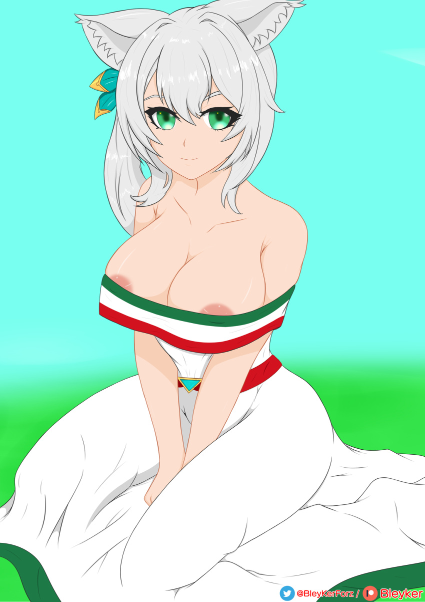 animal_ears areola_slip bare_shoulders bleyker breasts cat_ears cleavage collarbone commission dress green_eyes hair_ornament highres hizuki_miu large_areolae large_breasts long_dress long_hair looking_at_viewer mexican_dress off-shoulder_dress off_shoulder side_ponytail sitting virtual_youtuber wactor_production white_dress