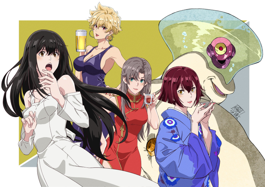 4girls absurdres alcohol_dopant aqua_eyes arito_kei black_hair blonde_hair blue_dress blue_kimono breasts brown_eyes brown_hair china_dress chinese_clothes closed_mouth commentary_request cup dress earrings framed fuuto_tantei glass highres holding holding_cup hoop_earrings japanese_clothes jewelry kabashima_yousuke kamen_rider kamen_rider_w kimono kubokura_kanna large_breasts lipstick long_hair looking_at_viewer makeup medium_breasts multiple_girls nail_polish namba_kurumi official_art open_mouth red_dress red_eyes red_hair red_nails sakazuki short_hair signature sleeveless sleeveless_dress small_breasts white_dress yellow_background zaizen_koyomi