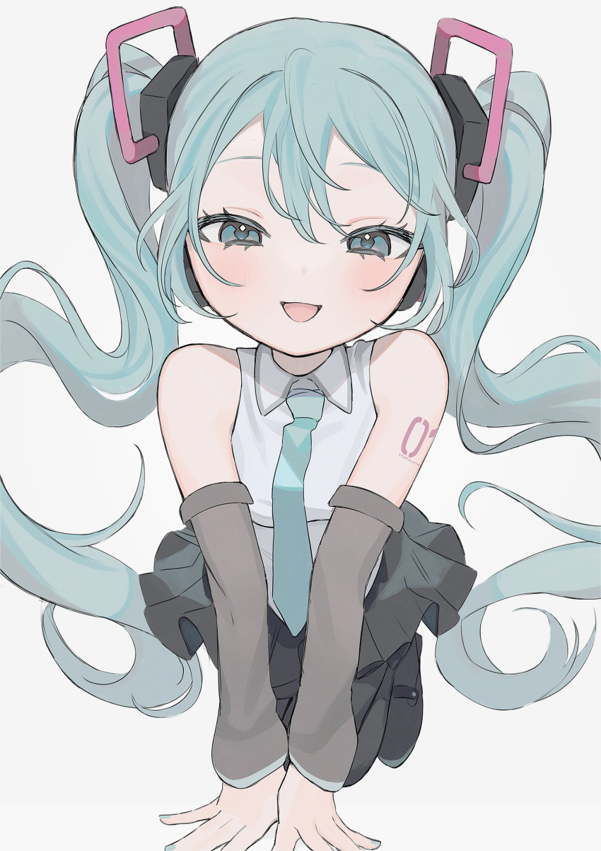 1girl absurdres aqua_eyes aqua_hair aqua_nails aqua_necktie aqua_theme bangs black_footwear black_skirt black_sleeves boots collared_shirt commentary detached_sleeves diamond_in_eye floating_hair full_body grey_background hair_between_eyes hakudaku half-closed_eyes hatsune_miku hatsune_miku_(vocaloid4) headset highres jumping legs_up light_blush long_hair looking_at_viewer nail_polish necktie open_mouth pleated_skirt see-through see-through_sleeves shirt simple_background skirt smile solo symbol_in_eye thigh_boots twintails v4x v_arms very_long_hair vocaloid wind wind_lift wing_collar