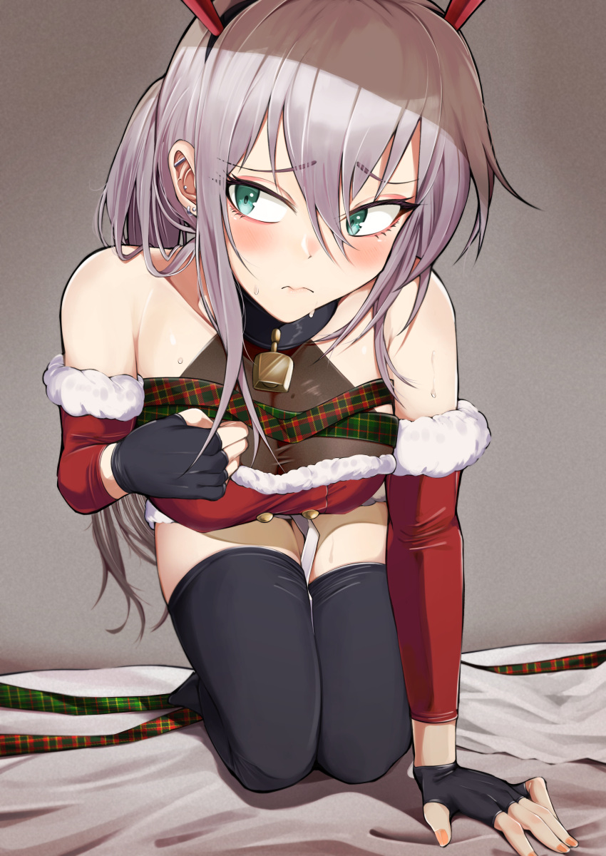 1girl absurdres alternate_costume ar-57_(girls'_frontline) bare_shoulders bell black_thighhighs blush breasts check_commentary commentary_request detached_sleeves earrings fingerless_gloves girls'_frontline gloves green_eyes highres jewelry kuzumotsu large_breasts neck_bell on_bed pink_hair santa_costume seiza sideways_glance simple_background sitting skindentation solo sweatdrop thighhighs