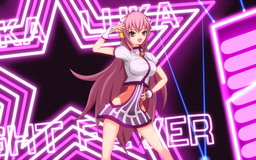 1girl bangs blue_eyes fingerless_gloves gloves hand_on_hip hand_up headphones highres jut0923 long_hair luka_luka_night_fever_(vocaloid) megurine_luka open_mouth pink_hair pole_dancing project_diva_(series) project_diva_extend puffy_short_sleeves puffy_sleeves samfree_("night"_songs) sano_takayuki_(samfree) short_sleeves smile solo stage swept_bangs vocaloid white_gloves