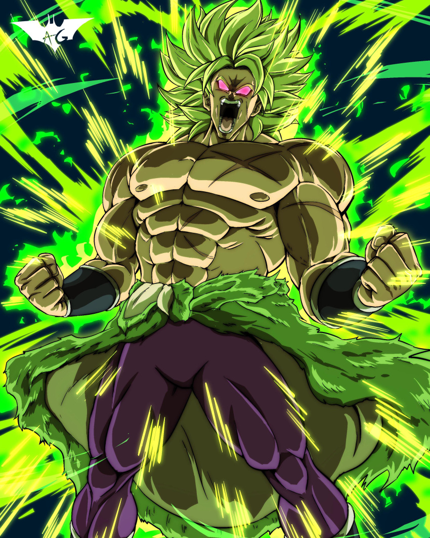 1boy abs absurdres angry aura bare_shoulders batm_andrew broly_(dragon_ball_super) clenched_hand dragon_ball dragon_ball_super dragon_ball_super_broly energy fur_trim green_hair highres legendary_super_saiyan long_hair male_focus nipples no_pupils open_mouth pants pectorals pink_eyes scar scar_on_chest shouting solo spiked_hair super_saiyan teeth topless_male