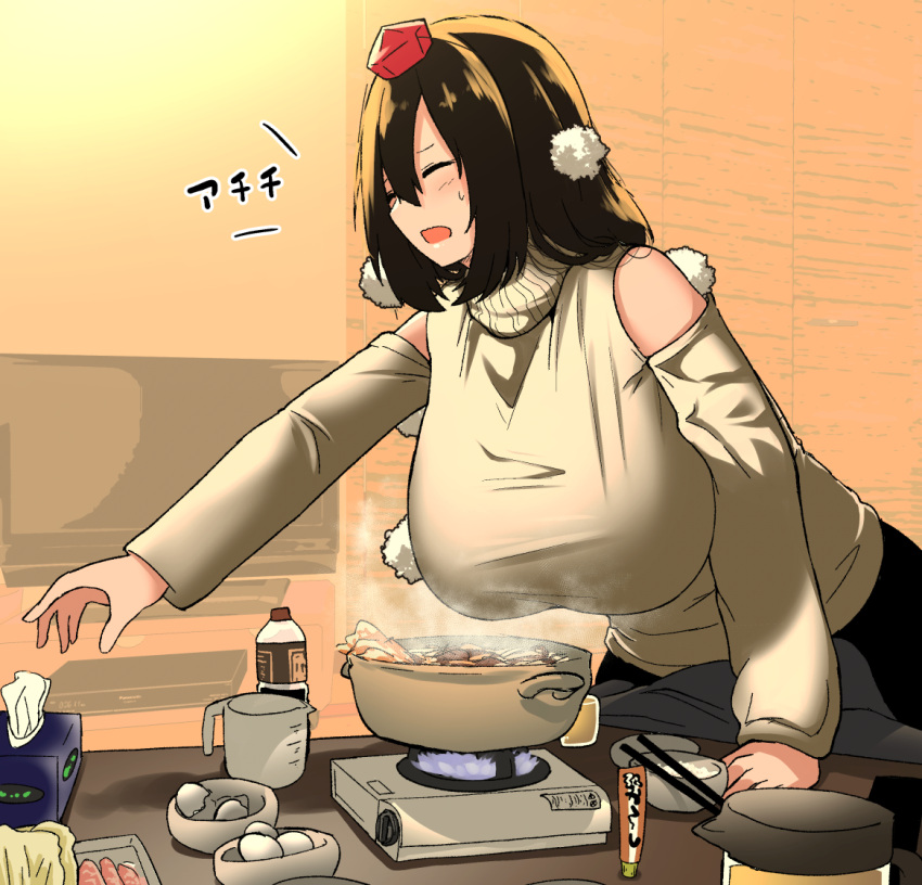 1girl akure_ekuto alternate_breast_size alternate_costume black_hair black_skirt bottle bowl breasts chopsticks commentary cooking cooking_pot detached_sleeves egg_(food) fire food huge_breasts jacket jug large_breasts leaning_forward partially_translated pom_pom_(clothes) rice_bowl shameimaru_aya short_hair skirt solo television tissue tissue_box touhou translation_request white_jacket