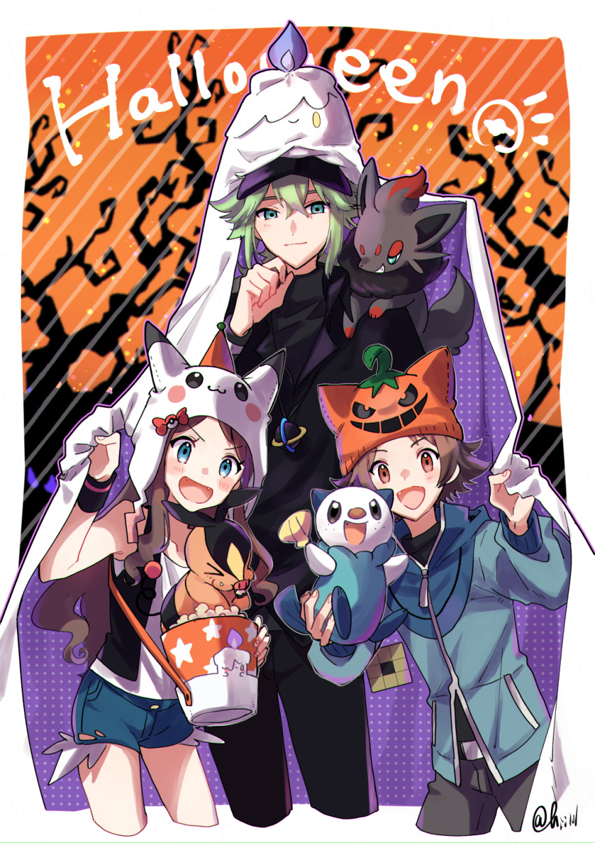 1girl 2boys bangs beanie belt_buckle black_headwear black_pants black_shirt black_vest blue_eyes blue_jacket blush border brown_eyes brown_hair buckle closed_mouth commentary_request denim denim_shorts green_hair grey_pants halloween hat highres hii_(hii101) hilbert_(pokemon) hilda_(pokemon) jacket litwick long_hair long_sleeves multiple_boys n_(pokemon) oshawott pants pikachu pokemon pokemon_(creature) pokemon_(game) pokemon_bw shirt short_hair short_shorts shorts sidelocks sleeveless sleeveless_shirt tepig vest white_border white_shirt wristband zorua