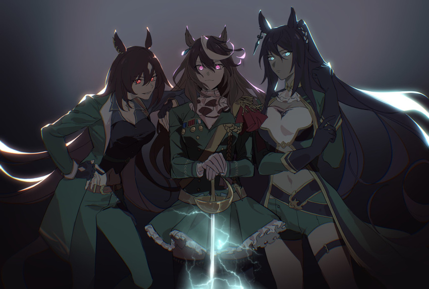 3girls adjusting_clothes adjusting_gloves aiguillette animal_ears arm_on_shoulder bangs belt black_gloves black_hair black_thighhighs blue_eyes breasts brown_hair choker cleavage closed_mouth coat commentary electricity epaulettes epee feet_out_of_frame fingerless_gloves gloves glowing glowing_eyes green_coat green_pants green_shorts green_skirt hand_on_hilt highres horse_ears horse_girl horse_tail jabot large_breasts long_hair long_sleeves looking_at_viewer medal medium_breasts midriff multicolored_hair multiple_girls navel open_mouth pants petticoat ponytail red_eyes rokumijio_maru shorts single_epaulette sirius_symboli_(umamusume) skirt smile standing streaked_hair symboli_kris_s_(umamusume) symboli_rudolf_(umamusume) tail thigh_strap thighhighs umamusume white_gloves