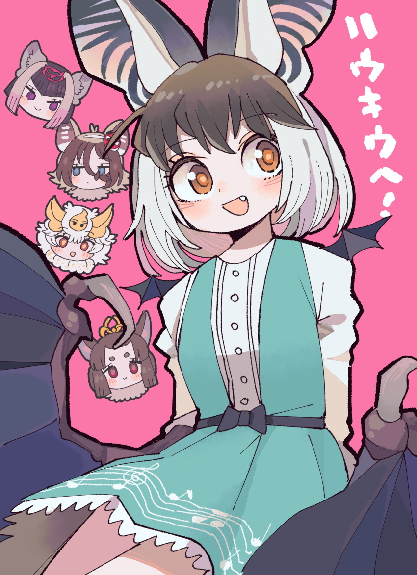 5girls absurdres animal_ear_fluff animal_ears bat_ears bat_girl bat_wings brown_eyes brown_hair brown_long-eared_bat_(kemono_friends) common_vampire_bat_(kemono_friends) dress extra_ears fraternal_myotis_(kemono_friends) grey_hair hair_ornament highres hilgendorf's_tube-nose_bat_(kemono_friends) honduran_white_bat_(kemono_friends) kanmoku-san kemono_friends kemono_friends_3 long_hair looking_at_viewer multicolored_hair multiple_girls open_mouth ribbon scarf short_hair simple_background wings