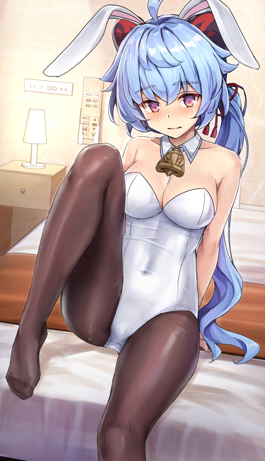 1girl ahoge alternate_costume animal_ears ass_visible_through_thighs bangs bare_shoulders bell black_pantyhose blue_hair blush breasts commentary covered_navel cowbell fake_animal_ears feet foot_out_of_frame ganyu_(genshin_impact) genshin_impact goat_horns highres horns hotel_room indoors knee_up kotatsu_(kotatsu358) legs long_hair looking_at_viewer low_ponytail medium_breasts neck_bell nervous no_shoes pantyhose playboy_bunny purple_eyes qilin_(mythology) sidelocks sitting solo