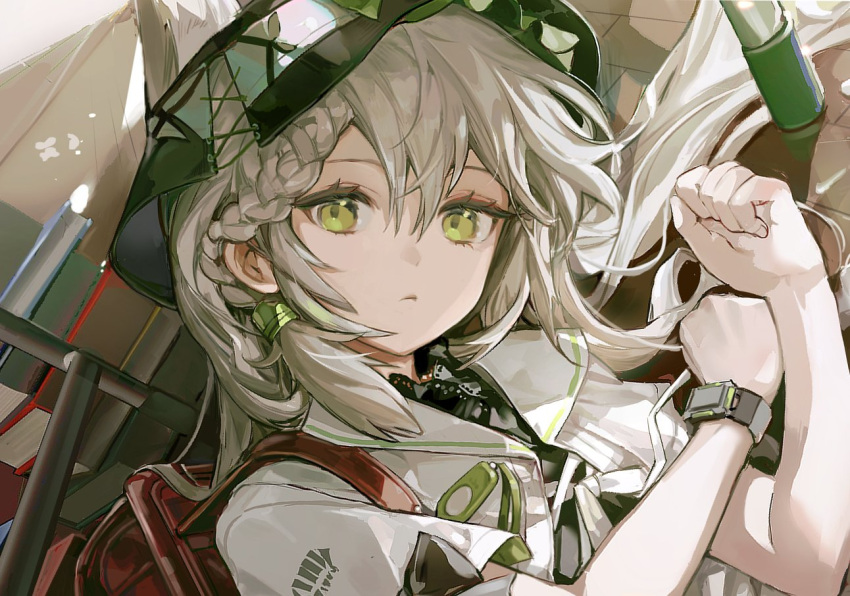 1girl animal_ear_fluff animal_ears backpack bag bangs black_dress blonde_hair book book_stack bow braid clenched_hands closed_mouth collar commentary crime_prevention_buzzer cropped desk dress dushevnaya_(girls'_frontline_nc) dutch_angle frilled_collar frilled_headwear frills girls'_frontline girls'_frontline_neural_cloud hair_between_eyes hat jacket ksvk_(girls'_frontline) lace lace-trimmed_collar lace_trim leather_bag long_hair looking_at_viewer lying on_side ring_hair_ornament sailor_collar school_bag school_desk short_sleeves side_braid sidelocks solo table tile_floor tiles twice12314 upper_body watch white_bow white_jacket wristwatch yellow_eyes