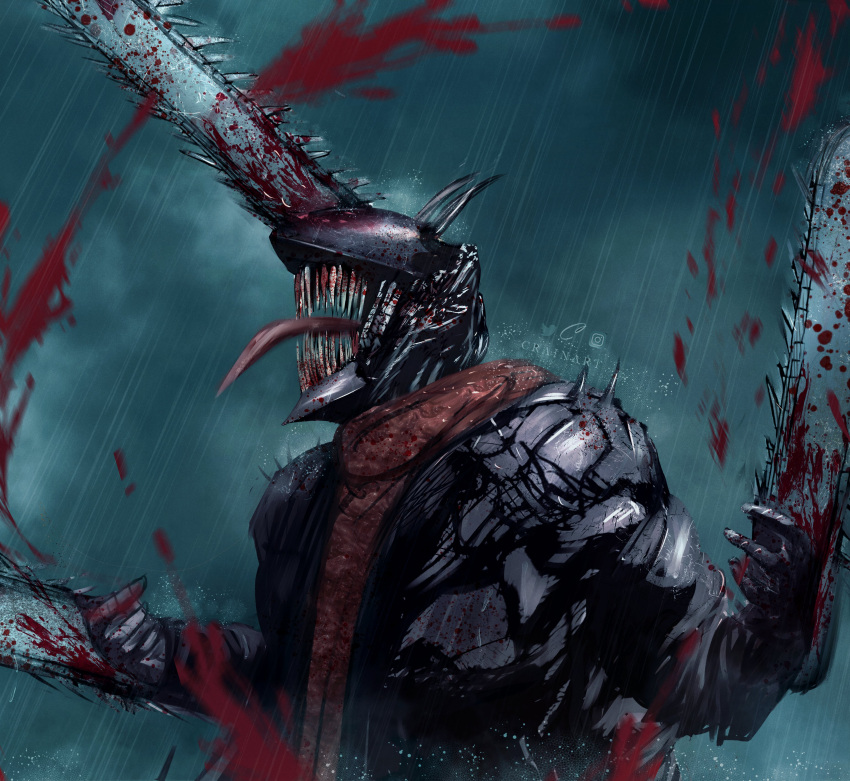 absurdres artist_name blood blood_on_teeth blood_on_weapon blood_splatter blue_sky chainsaw chainsaw_devil chainsaw_man crain1art facing_up fog highres horns intestines open_mouth rain scarf sharp_teeth sky solo teeth tongue tongue_out weapon