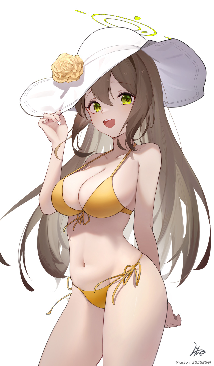 1girl absurdres arm_behind_back bikini blue_archive breasts cowboy_shot flower front-tie_bikini_top front-tie_top green_eyes halo hand_up hat hat_flower highres holding holding_clothes holding_hat large_breasts light_brown_hair long_hair looking_at_viewer luma_li navel nonomi_(blue_archive) nonomi_(swimsuit)_(blue_archive) official_alternate_costume open_mouth pixiv_id side-tie_bikini_bottom sideboob signature smile solo stomach sun_hat swimsuit white_background white_headwear yellow_bikini