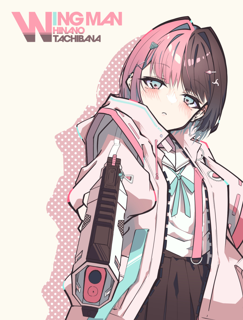 1girl absurdres apex_legends arc_star b3_wingman bangs black_skirt blue_eyes blue_ribbon blush brown_hair character_name commentary frown gun hair_behind_ear hair_intakes hair_ornament handgun head_tilt highres holding holding_gun holding_weapon iris_black_games jacket kazari_(1a2b3c4d98721) knife_hair_ornament multicolored_hair pink_hair pink_jacket revolver ribbon sailor_collar shirt short_hair shuriken_hair_ornament skirt solo split-color_hair tachibana_hinano_(vtuber) virtual_youtuber vspo! weapon weapon_name white_shirt