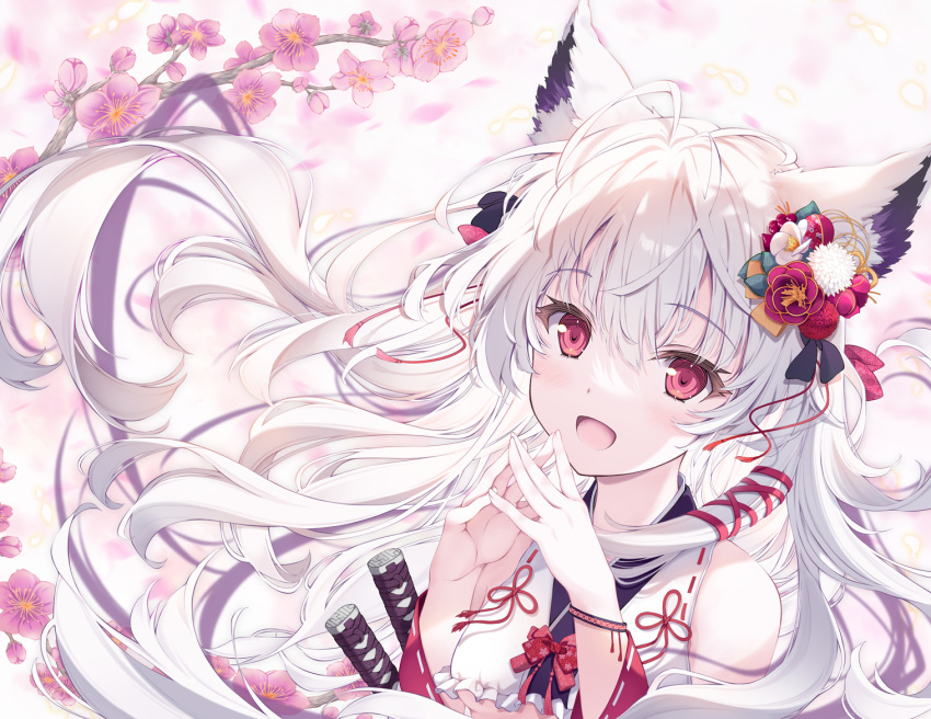 1girl :d animal_ears bare_shoulders breasts cherry_blossoms crop_top floating_hair fox_ears frilled_shirt frills katana long_hair looking_at_viewer open_mouth original own_hands_together red_eyes shirt sleeveless sleeveless_shirt small_breasts smile solo steepled_fingers sword tenmu_shinryuusai underboob upper_body weapon white_hair white_shirt wide_sleeves