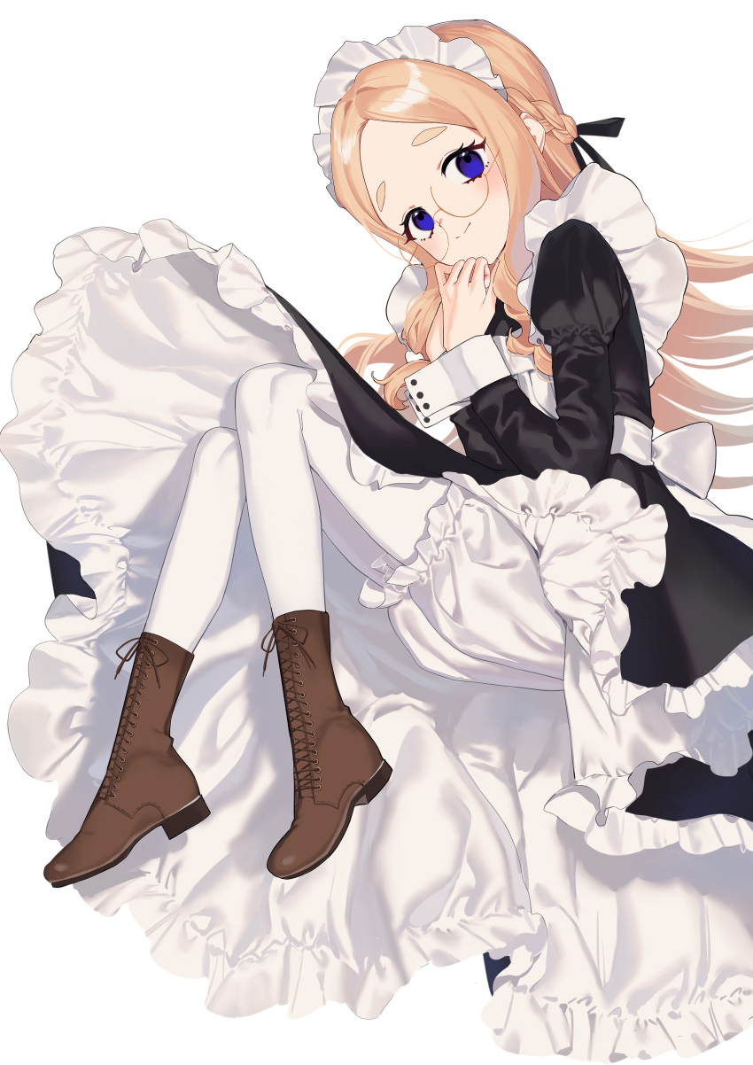 1girl 2l_(2lsize) absurdres apron bangs black_dress black_ribbon blonde_hair bloomers blue_eyes blush boots braid brown_footwear clothes_lift dress dress_lift french_braid frills full_body glasses hair_ribbon highres long_hair lying maid maid_apron maid_headdress on_side original own_hands_together pantyhose parted_bangs ribbon round_eyewear simple_background smile solo thick_eyebrows underwear white_apron white_background white_bloomers white_pantyhose